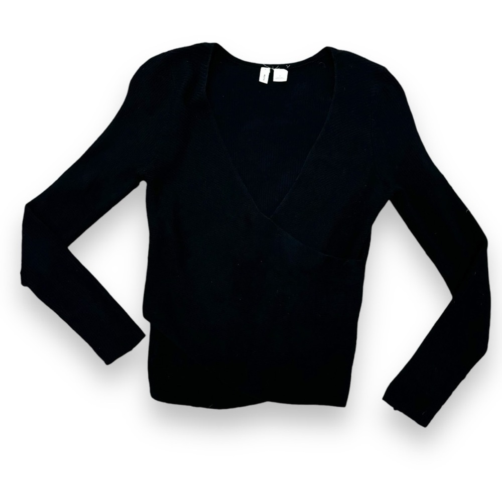 Moth Anthropologie Black Faux Wrap Ribbed Knit Sweater - Size Small